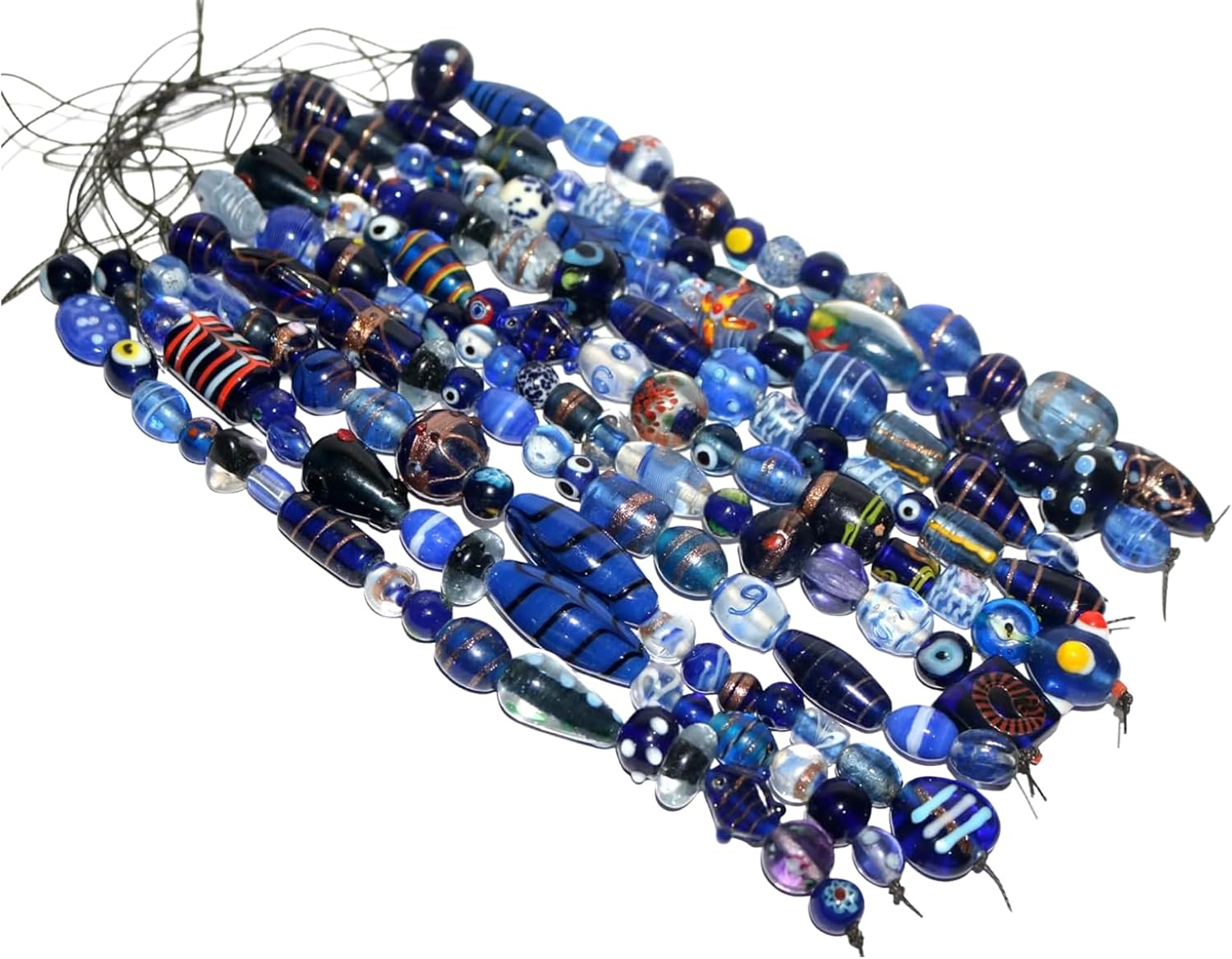 Handcrafted Blue Lampwork Glass Beads | Multi-Shape Fancy Assorted Beads Mix | Available in 50 Strands | Artistic Handmade Beads for Jewelry Making & DIY Crafts.