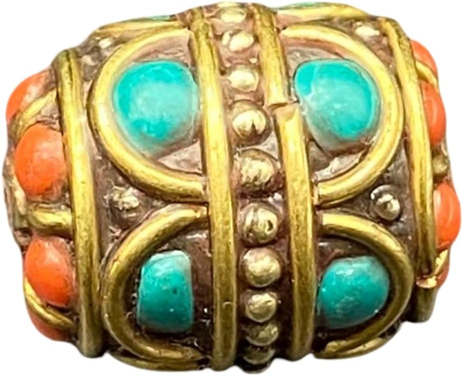 Old Antique Nepal Tibetan Handmade Brass Bead 19x15mm 7g | Turquoise & Coral Inlay Barrel Bead | Ethnic Boho Jewelry Supply | for Pendant Bracelet Necklace Making (50)