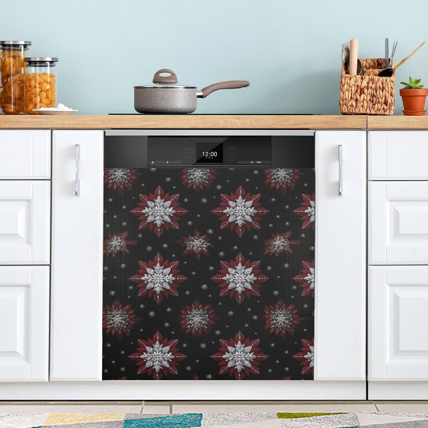 Pfrewn Christmas Winter Magnetic Dishwasher Cover Xmas Christmas Silver Red Snowflakes Fridge Door Covers Kitchen Decal Vinyl Panel Decorative Refrigerator Laundry Appliances 23x26in