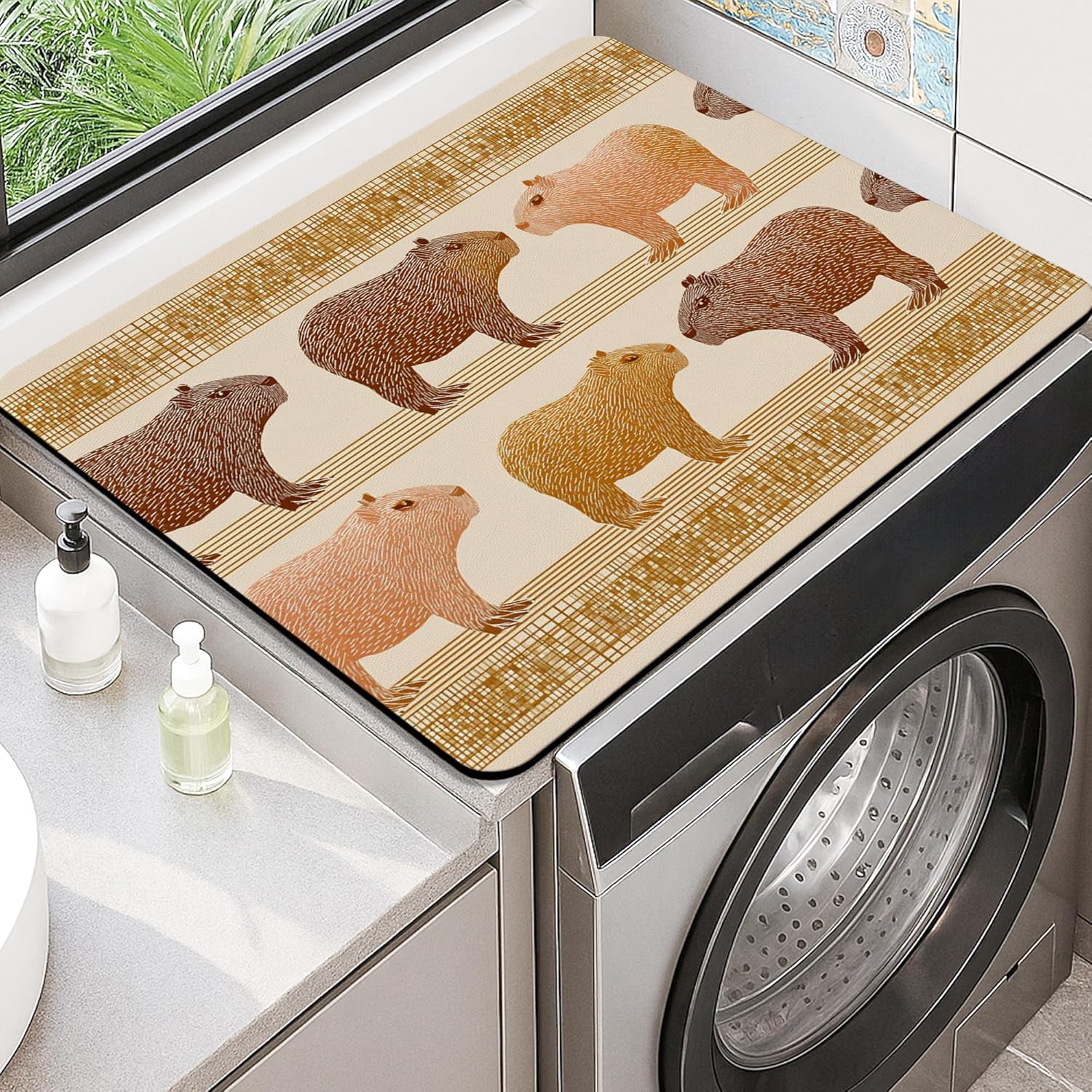 Capybara Washer Dryer Top Protector Mat, Vintage Animal Print Laundry Machine Covers, Cute Rustic Decorative Rubber Anti-slip Waterproof Mats for Laundry Room 20x24 Inch