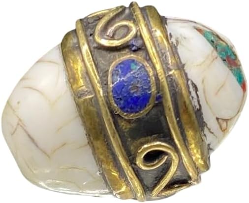 Handcrafted Nepalese Tibetan Natural Shell Pearl Bead with Lapis and Coral 21x17mm – 7.6g Oval Brass Bead for Jewelry Making, Craft Supplies, DIY Necklace & Bracelet Design,Loose Beads (20)