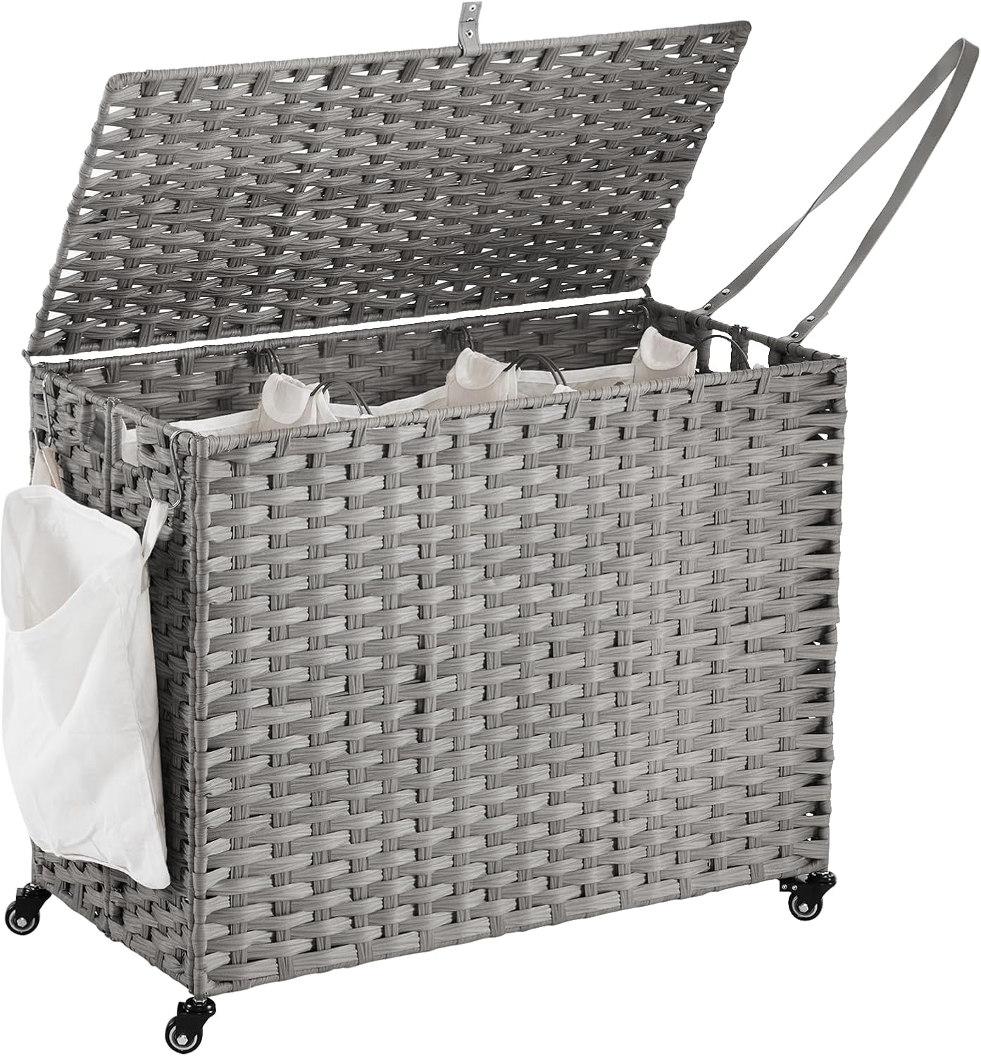 Laundry Hamper with Wheels, 52.8 Gallon(200L) Rolling Laundry Basket with Lid, 3-Section Rattan Clothes Hamper with 3 Removable Liner & 3 Mesh Bags, Laundry Sorter with Side Pocket, Grey