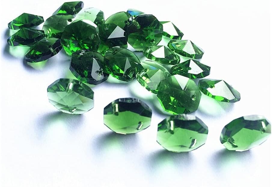Hanging Crystals Prisms 1000pcs Chandelier Beads 14mm Crystal Octagon Beads in 2holes (with 1000 Rings) Crystal Glass Wedding Decoration Curtain Green Beads Hangings Crystals for Decoration