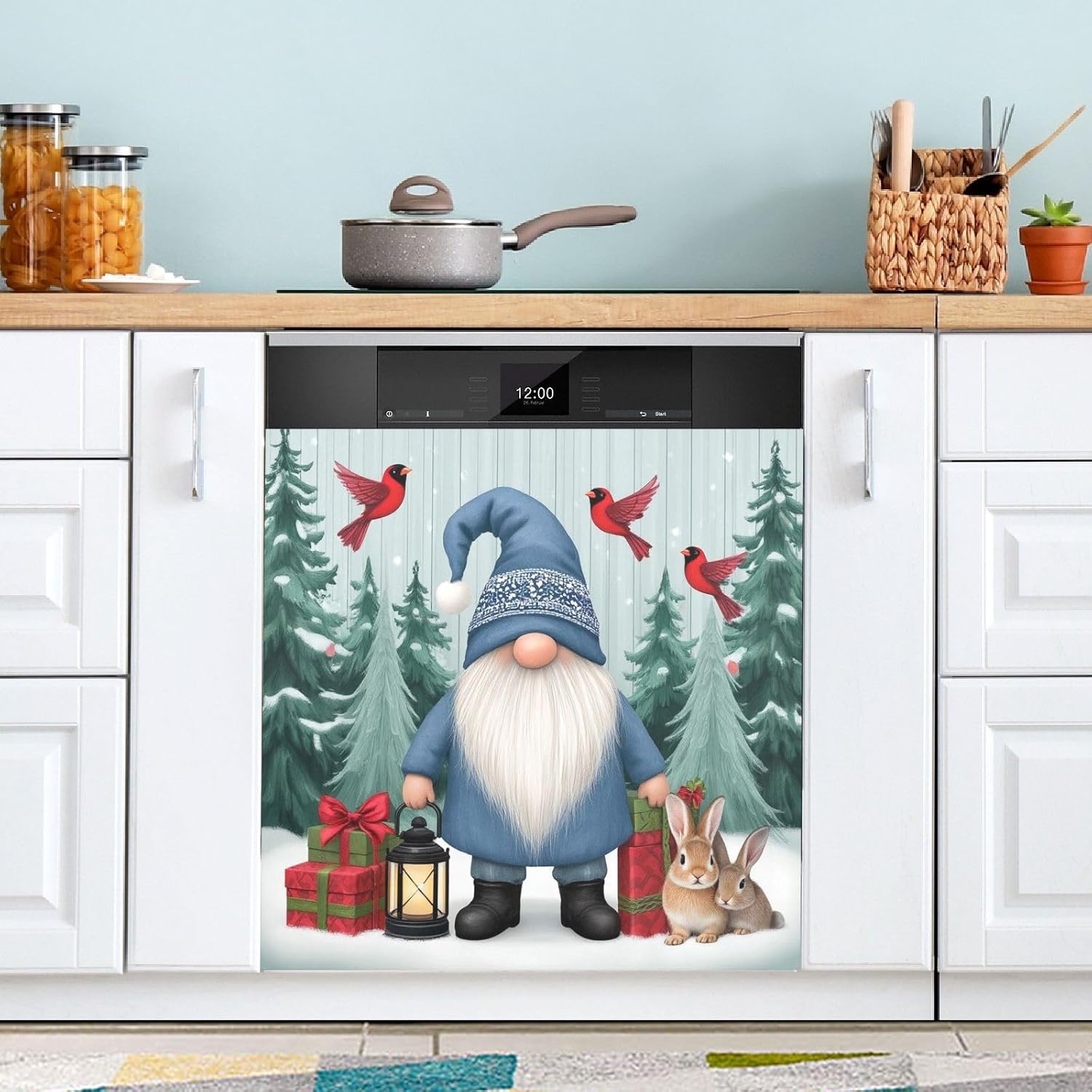 Pfrewn Christmas Winter Magnetic Dishwasher Cover Cute Gnomes Christmas Winter Day (5) Fridge Door Covers Kitchen Decal Vinyl Panel Decorative Refrigerator Laundry Appliances 23x26in