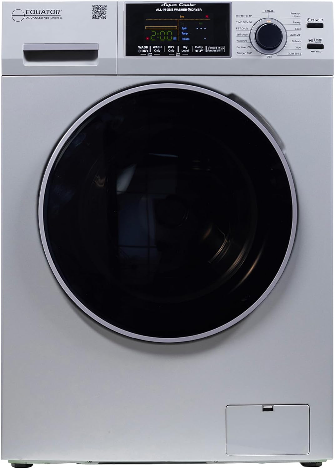 Equator All-in-One Washer Dryer VENTLESS/VENTED PET cycle 1.62cf/15lbs 110V in Silver