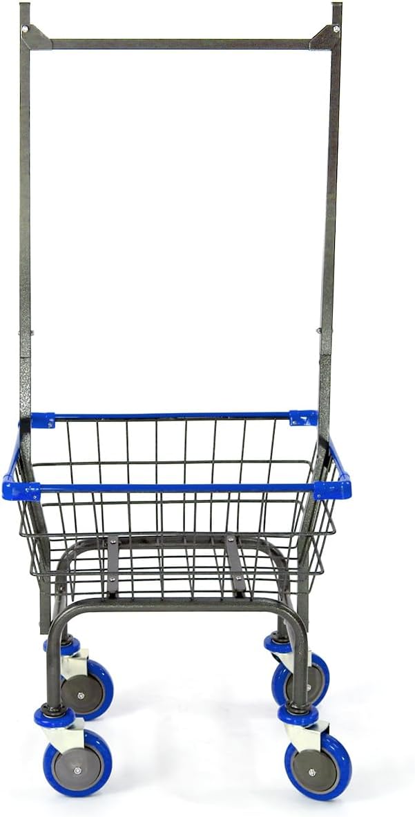 Laundry Cart Grey Powder Coated with Double Pole Rack, 1.5-Bu (Red, Black, Blue Trim) (Blue)