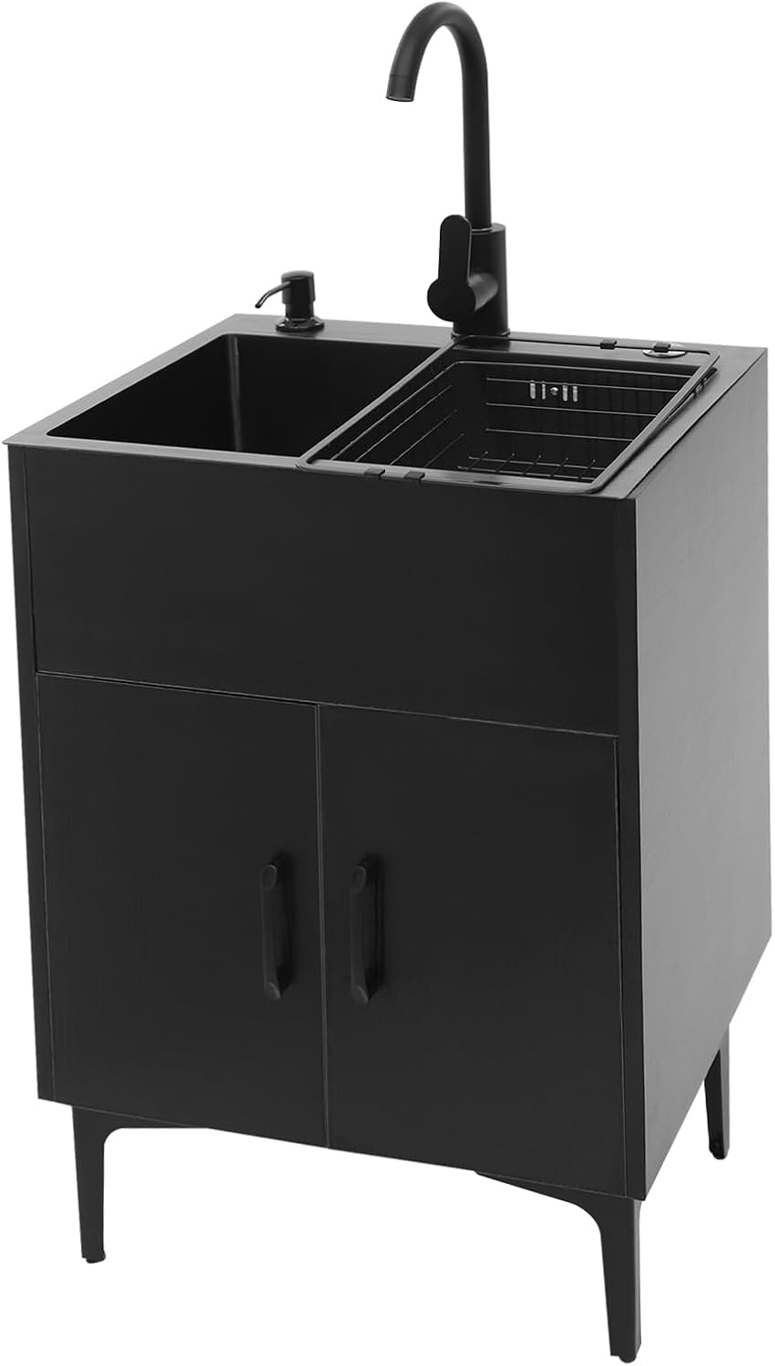 20-Inch Laundry Sink with Cabinet & 360° Swivel Hot/Cold Faucet, Freestanding Kitchen Sink Cabinet with Stainless Steel Sink & Drain Basket, Black Cabinet with Sink for Laundry&Utility Room