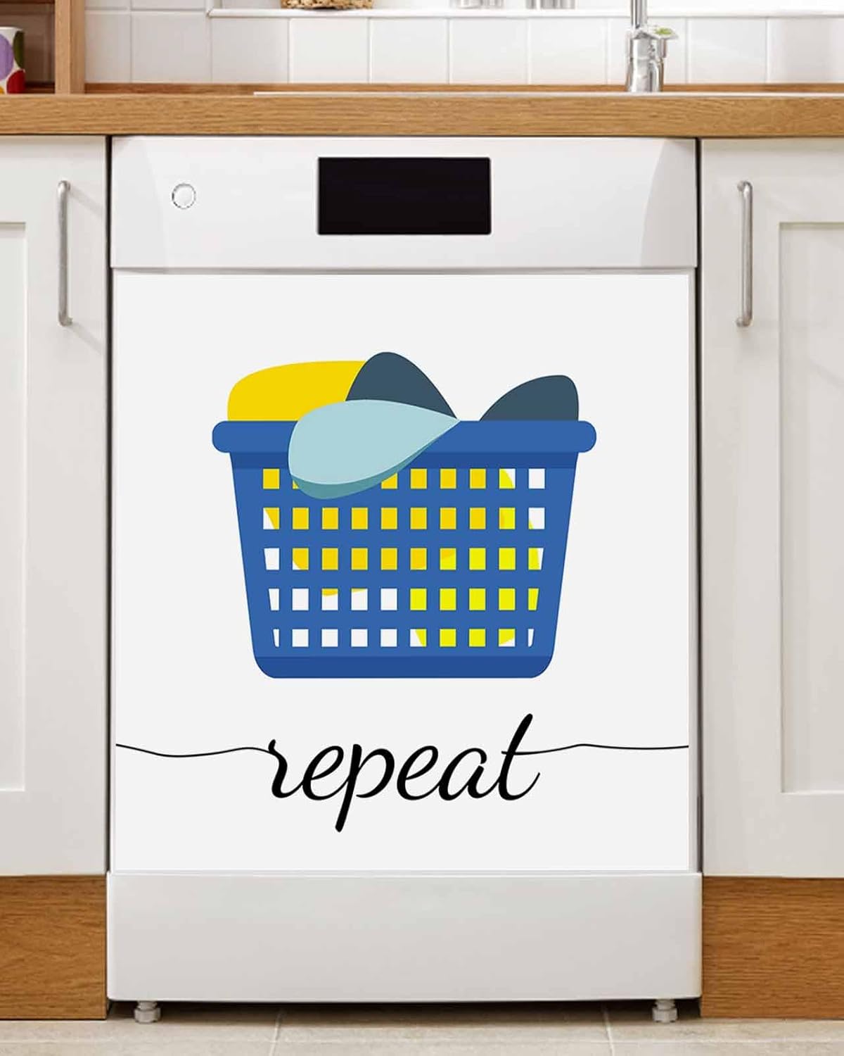 Modern Minimalist Dishwasher Magnet Cover, Decorative Magnet Sticker for Home Kitcen Appliance, Blue Laundry Room Basket Dishwasher Covers Refrigerator Magnets Panel Decal 23