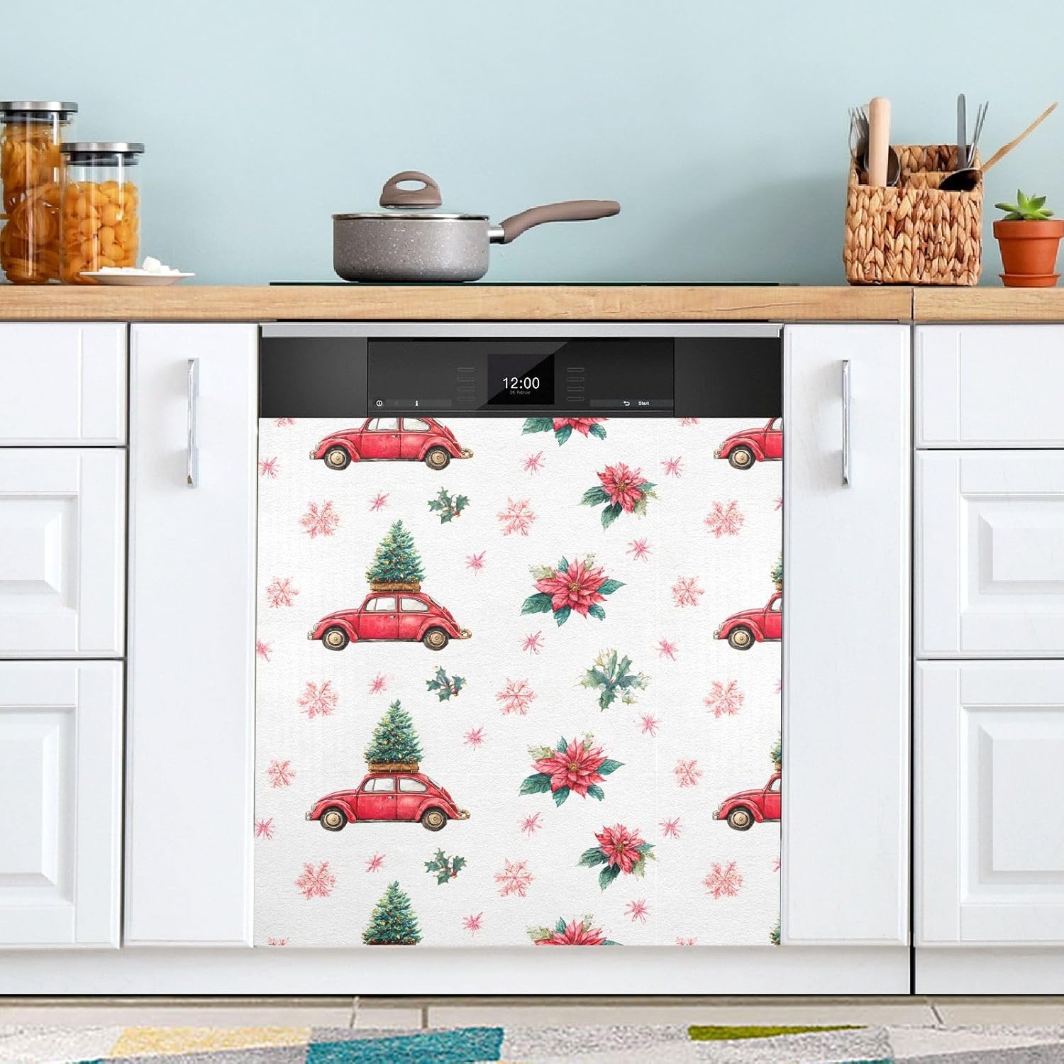 Pfrewn Christmas Winter Magnetic Dishwasher Cover Christmas Red Cars Tree (2) Fridge Door Covers Kitchen Decal Vinyl Panel Decorative Refrigerator Laundry Appliances 23x26in
