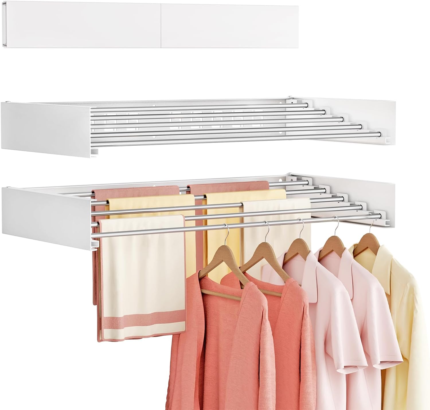 Wall Mounted Clothes Drying Rack Folding Indoor, Foldable Laundry Drying Rack Collapsible,Invisible, Space Saving, Retractable Towel Drying Rack, with Wall Template(5 Drying Rods, White 32