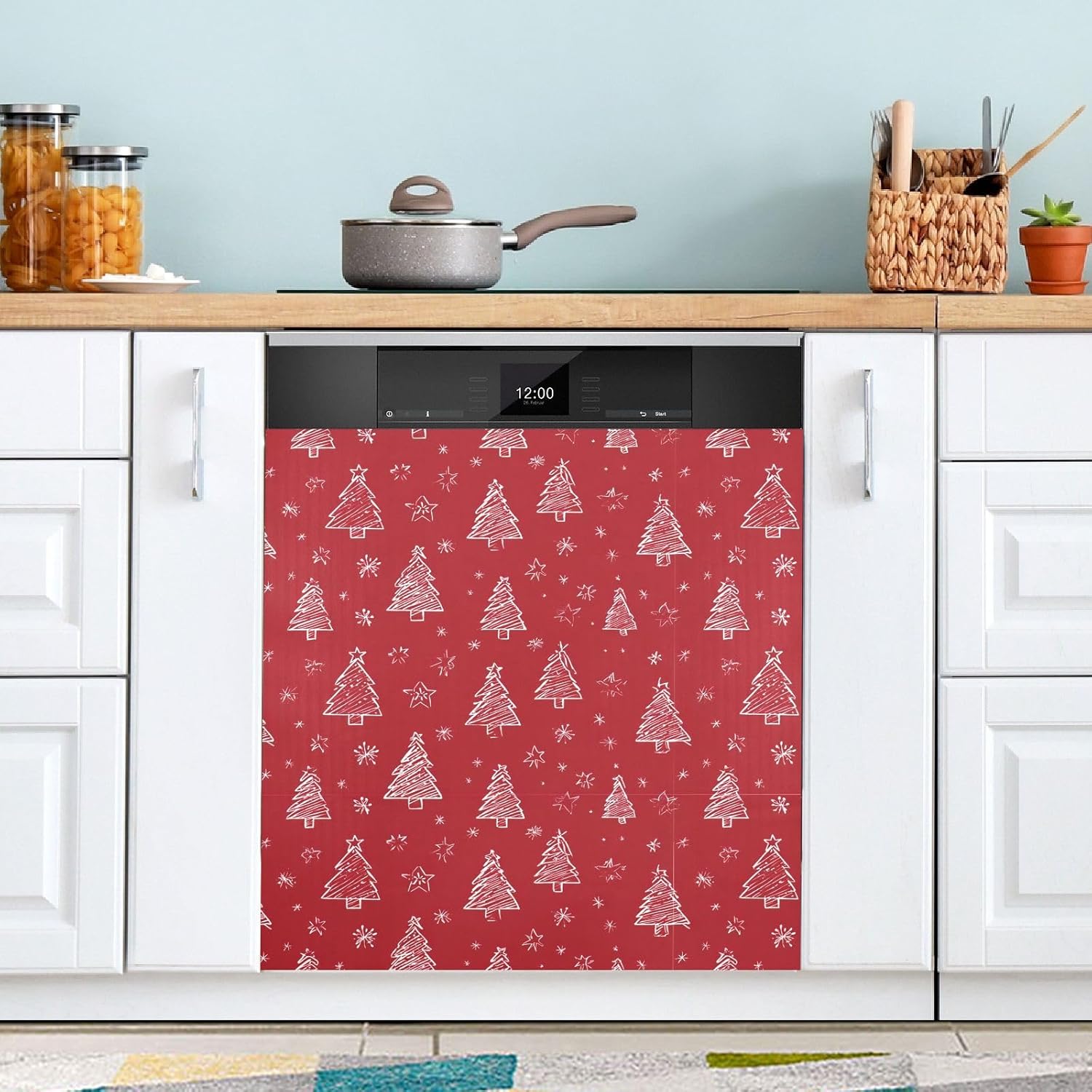 Pfrewn Christmas Winter Magnetic Dishwasher Cover White Christmas Tree on Red Fridge Door Covers Kitchen Decal Vinyl Panel Decorative Refrigerator Laundry Appliances 23x26in