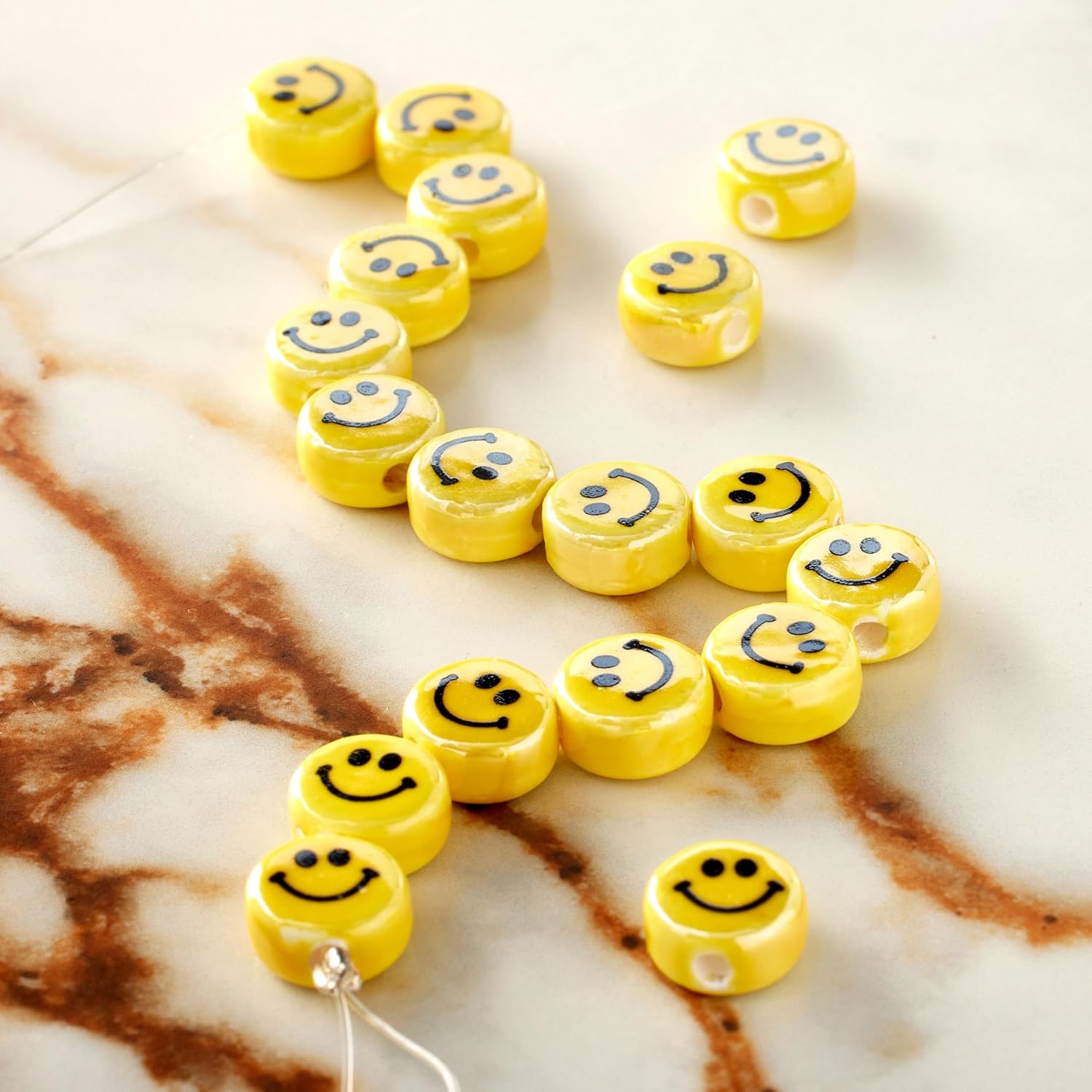 Bead Landing Yellow Ceramic Smiley Face Beads – 10mm Disc Beads for Jewelry Making & Crafts, 12 Pack