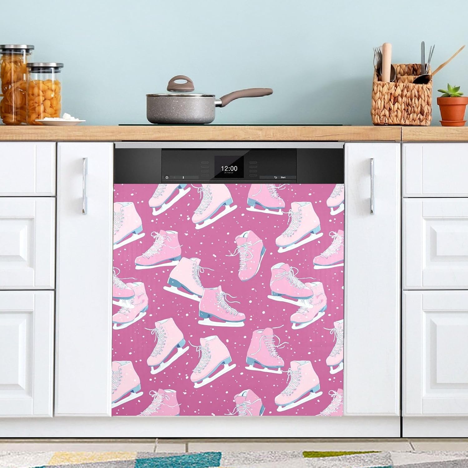 Pfrewn Christmas Winter Magnetic Dishwasher Cover Ice Skates Winter Sport (3) Fridge Door Covers Kitchen Decal Vinyl Panel Decorative Refrigerator Laundry Appliances 23x26in