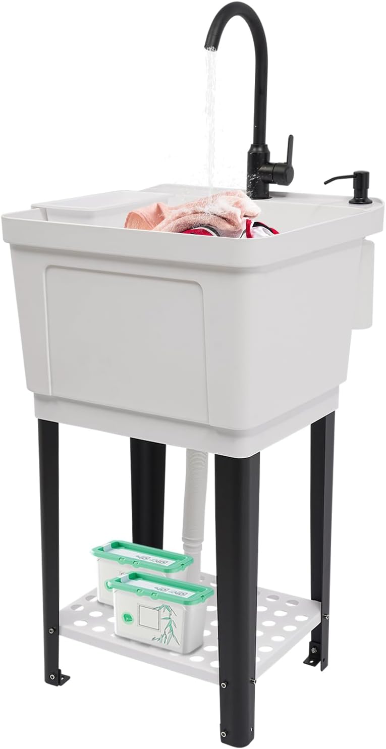 Plastic Laundry & Utility Room Sinks with Faucet, Freestanding Laundry Room Sink, Garage Sink, 19.69 * 18.9 * 33.07in Utility Tub Heavy Duty Compact Utility Sink for Laundry, Bathrooms,Garage (White)