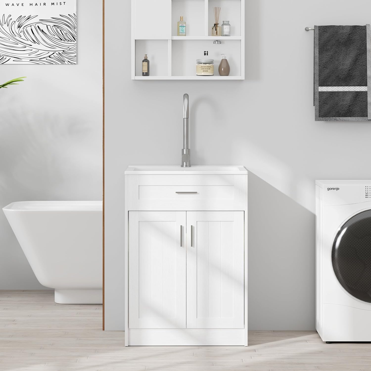 INTOBOO 24 Inch White Laundry Sink Cabinet Only, Bathroom Vanity Cabinet, Freestanding Cabinet for Laundry, Utility Room, Bathroom, Garage (Sink Not Included)
