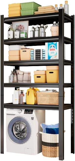 Over Washer and Dryer Shelves, 5 Tier Adjustable Metal Washing Machine Shelf, Sturdy and Spacious Laundry Room Organization and Storage Rack, 39.37''W*17.72''D*77.44''H, Black