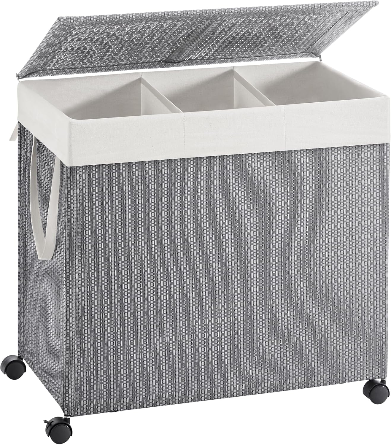 SONGMICS HOME Laundry Hamper with 3 Section, Large 140 L Rolling Laundry Basket with Wheels, Rattan Clothes Basket with Lid, Removable Liner with Handles, Dove Gray and Matte White ULCB602G01