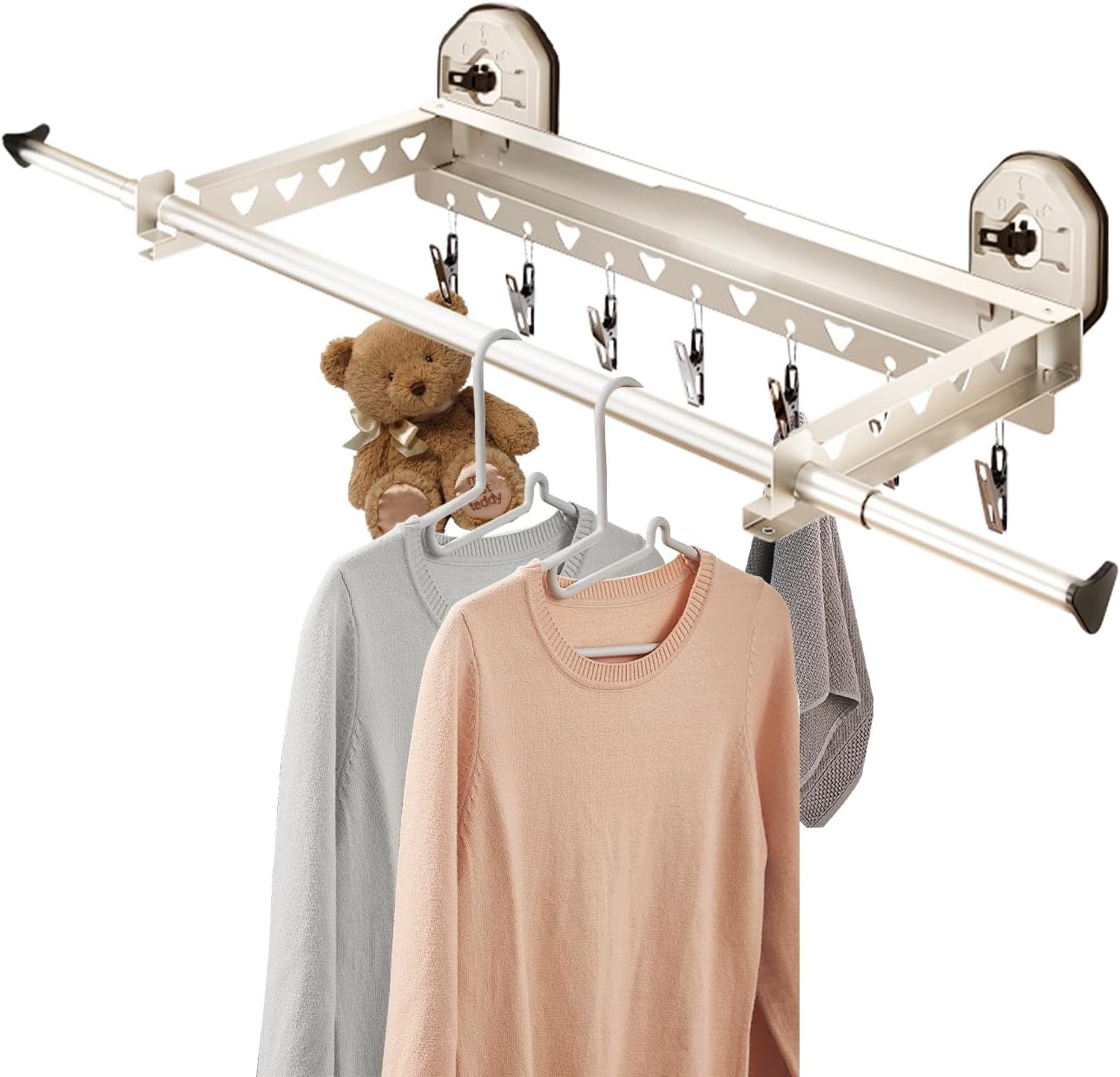 Extendable Clothing Dryer Rack, Invisible Folding Storage, Wall Mounted Drying Rack, Strong Suction Power, for Bed Linen, Clothing, Foldable Bathroom Wall Shelf (Milky White)