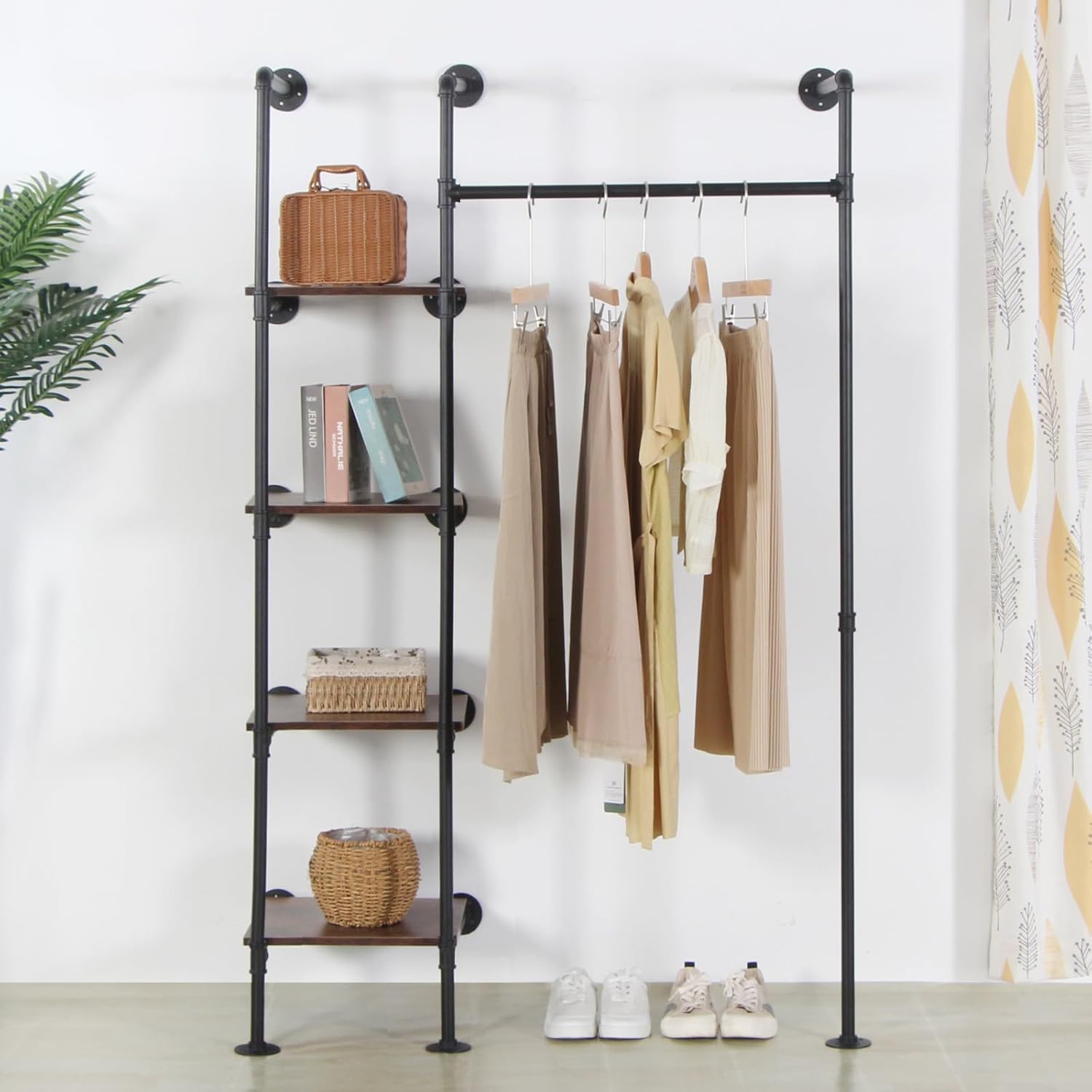 Industrial Pipe Clothing Rack with Shelves, 71inch Wall Mounted Closet Storage Racks,Hanging Clothes Retail Display Rack, Garment Racks with Shelves Closet Rods System