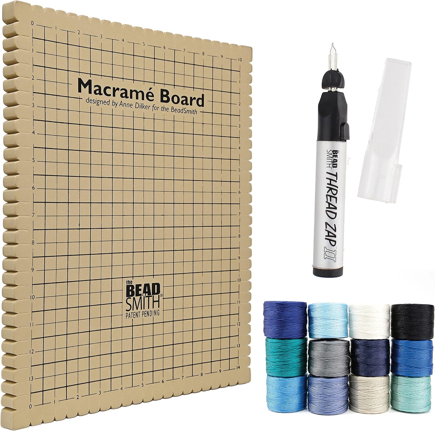 The Beadsmith Mini Macrame Kit - Bead Board 11.5 x 15.5 inches - Thread Zap II - 5.25” Thread Burner - S-Lon Cord #18 Cord, Multipack with 4 Spools – for Macrame and Knotting Jewelry Projects
