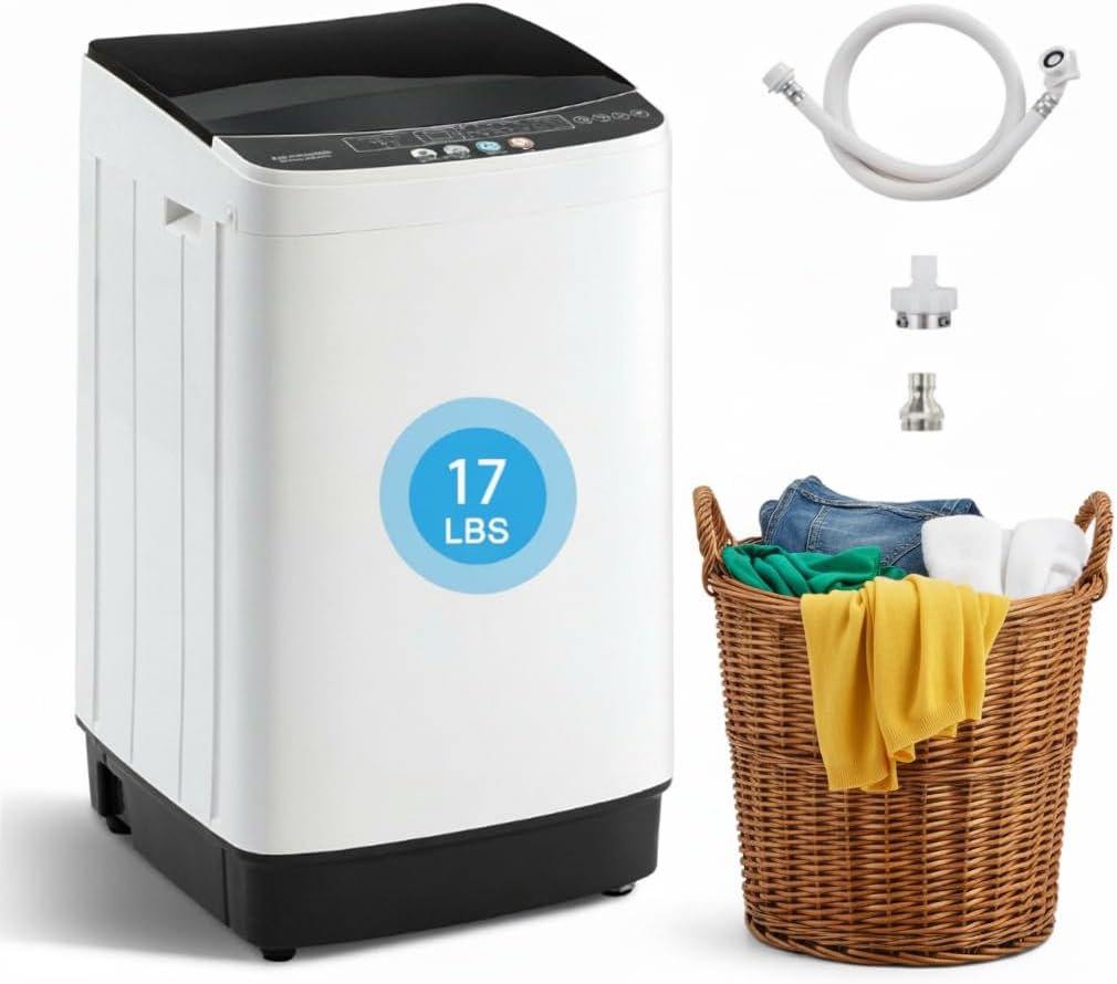 17 lbs Portable Washing Machine, Full-Automatic Laundry Machine with Stainless Steel Drum, 10 Wash Cycles, Compact Washer and Spin Dryer Combo for Apartment, Dorm, RV