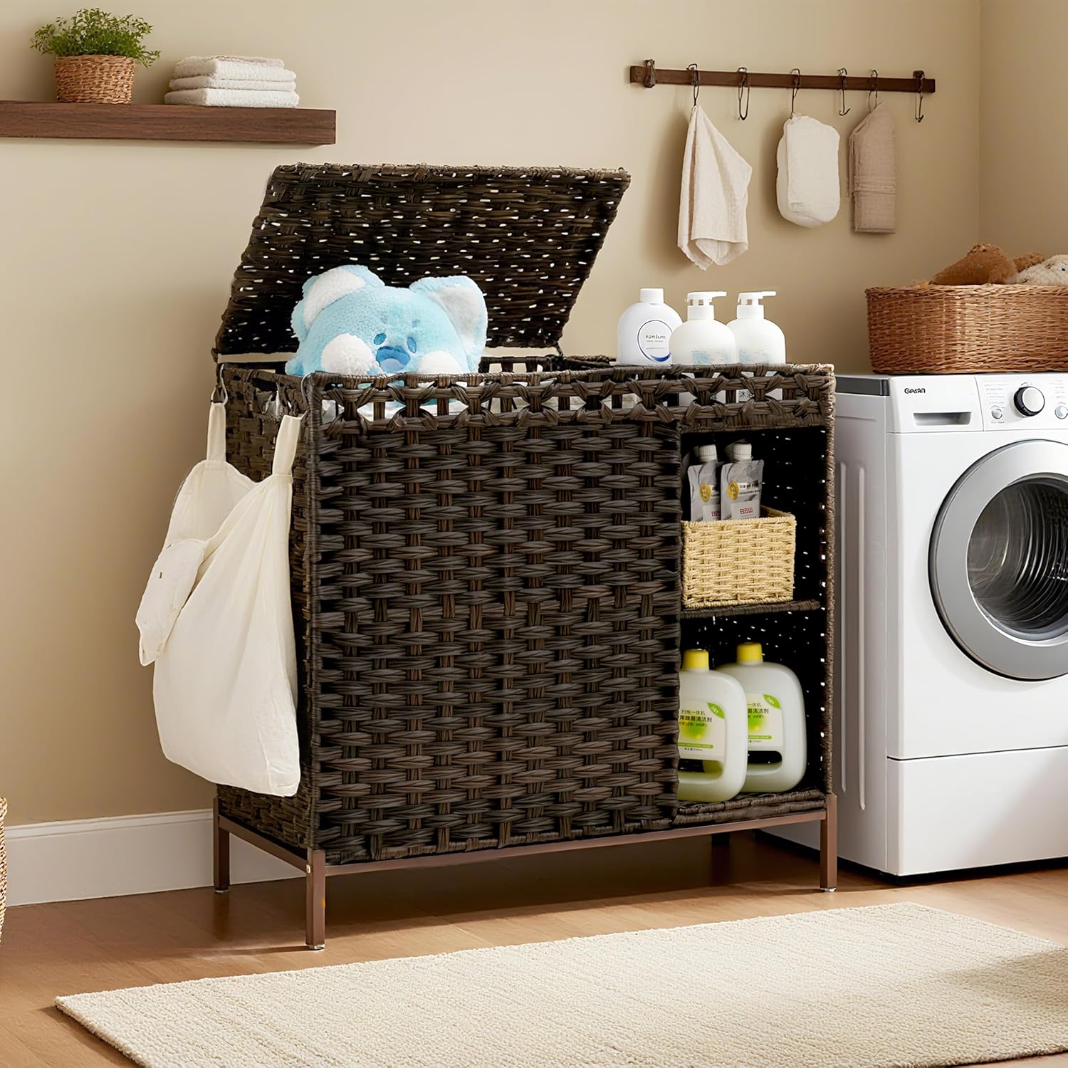 Laundry Hamper with Lid, 110L (29.1 Gal) Rattan Laundry Hamper 2 Section with 50L (13.2 Gal) Storage Shelf, Wicker Woven Laundry Sorter Basket with 3 Liner Bags and Handles, Brown GLH002BR