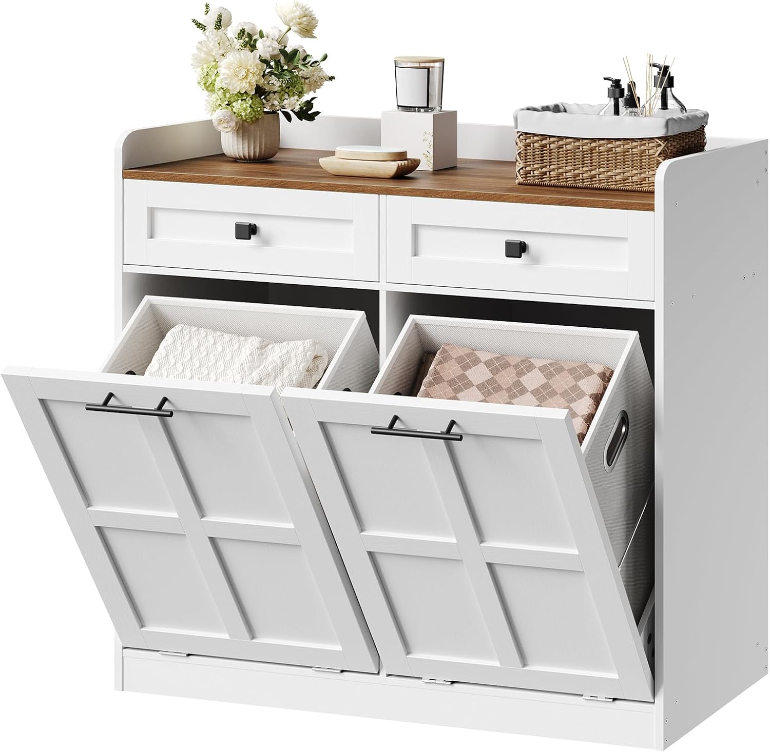 HOOBRO Double Tilt Out Laundry Hamper Cabinet, 25 Gallon Farmhouse Trash Can Cabinet with Drawers, Wooden Hidden Laundry Hamper with Storage Basket for Bathroom, Kitchen, White and Walnut WH42XY01