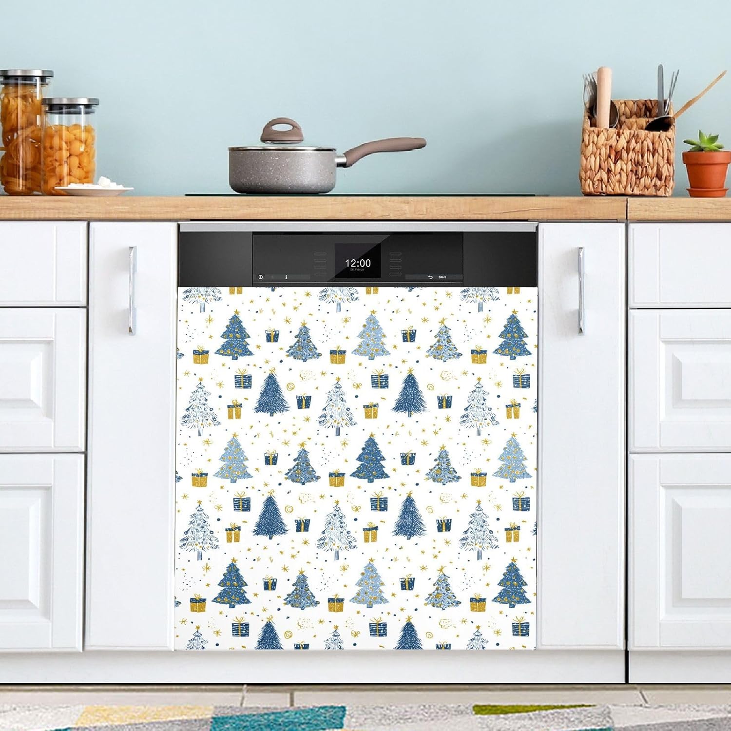Pfrewn Christmas Winter Magnetic Dishwasher Cover Blue Cute Christmas Tree on White (1) Fridge Door Covers Kitchen Decal Vinyl Panel Decorative Refrigerator Laundry Appliances 23x26in