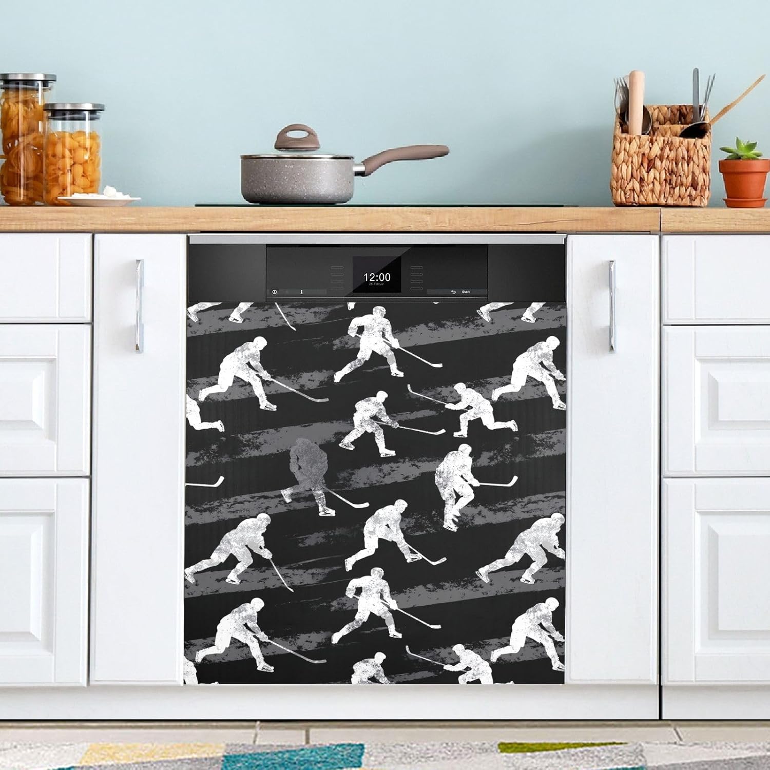 Pfrewn Christmas Winter Magnetic Dishwasher Cover White Hockey Players Black (1) Fridge Door Covers Kitchen Decal Vinyl Panel Decorative Refrigerator Laundry Appliances 23x26in