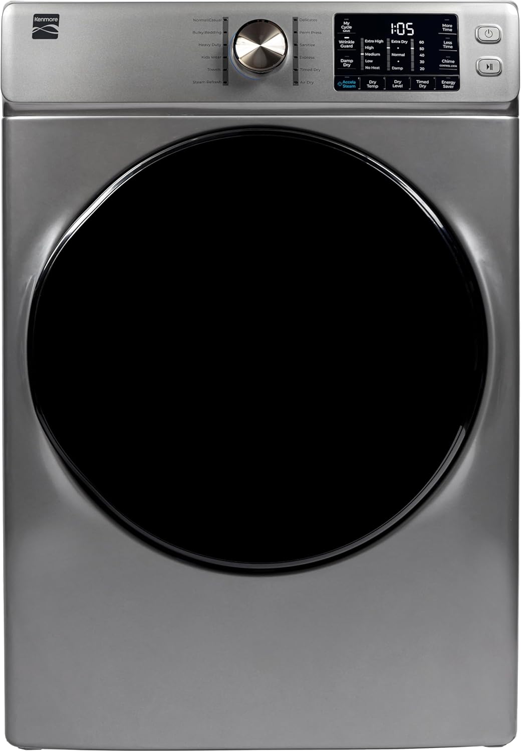 Kenmore 8.0 cu. ft. Front Load Electric Dryer with Wrinkle Guard & Accela Steam to Reduce Wrinkles, Static & Odors - Smart Sensor Drying - LED - ENERGY STAR Certified - Metallic Silver