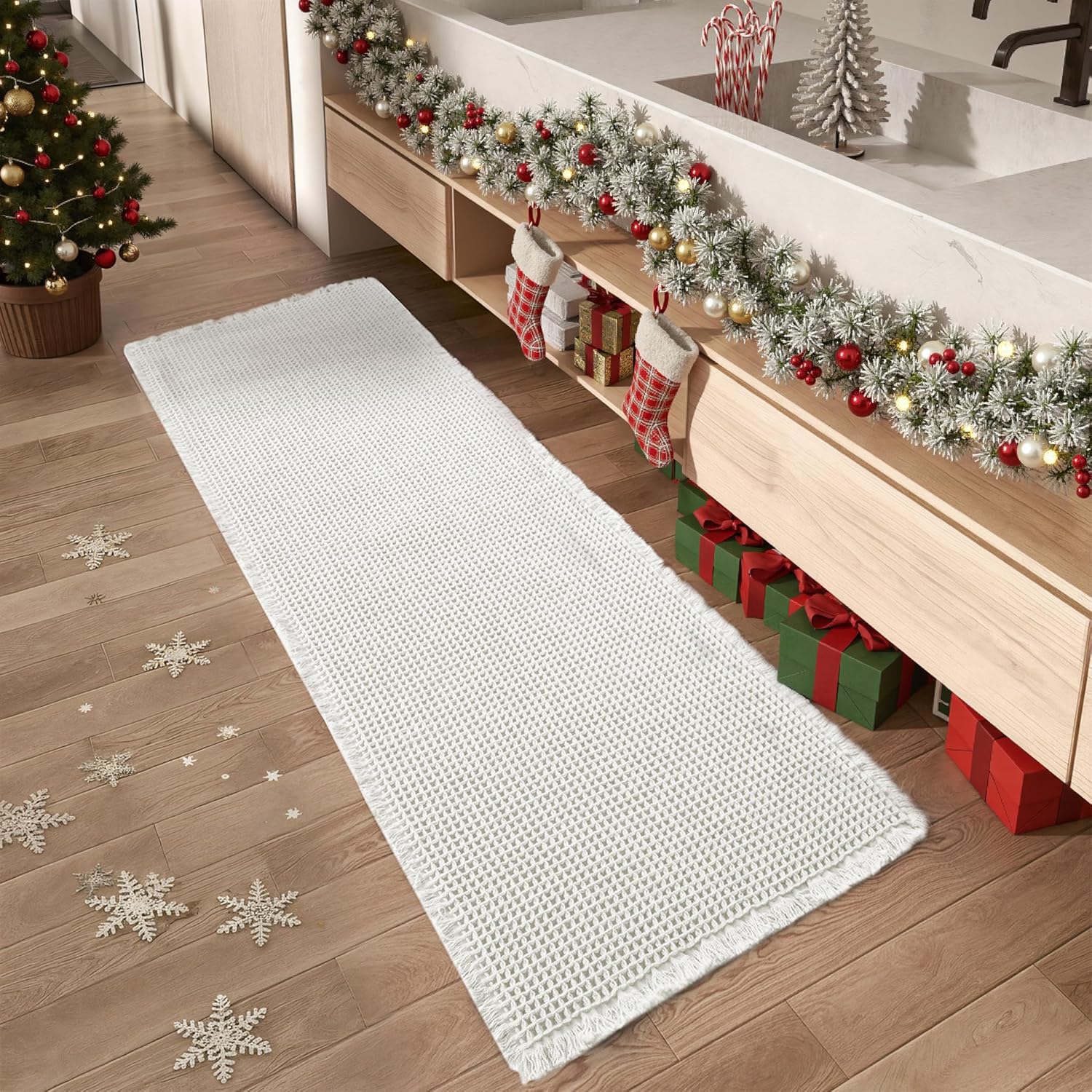 AMOAMI Waffle Runner Rug Super Absorbent Non Slip Bath Mats for Bathroom Floor, Machine Washable Boho Bathroom Runner Rug with Tassels, Ideal for Hallway Bedroom Laundry Room, 2' x 5'