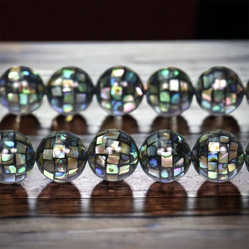ABCGEMS (Full Strand) Gigantic New Zealand Abalone Beads (Each Bead is a Testament to Labor-Intensive Artistry- Exquisite Craftmanship) Checkerboard-Inlaid Mosaic Smooth Round 14mm (28 Beads)