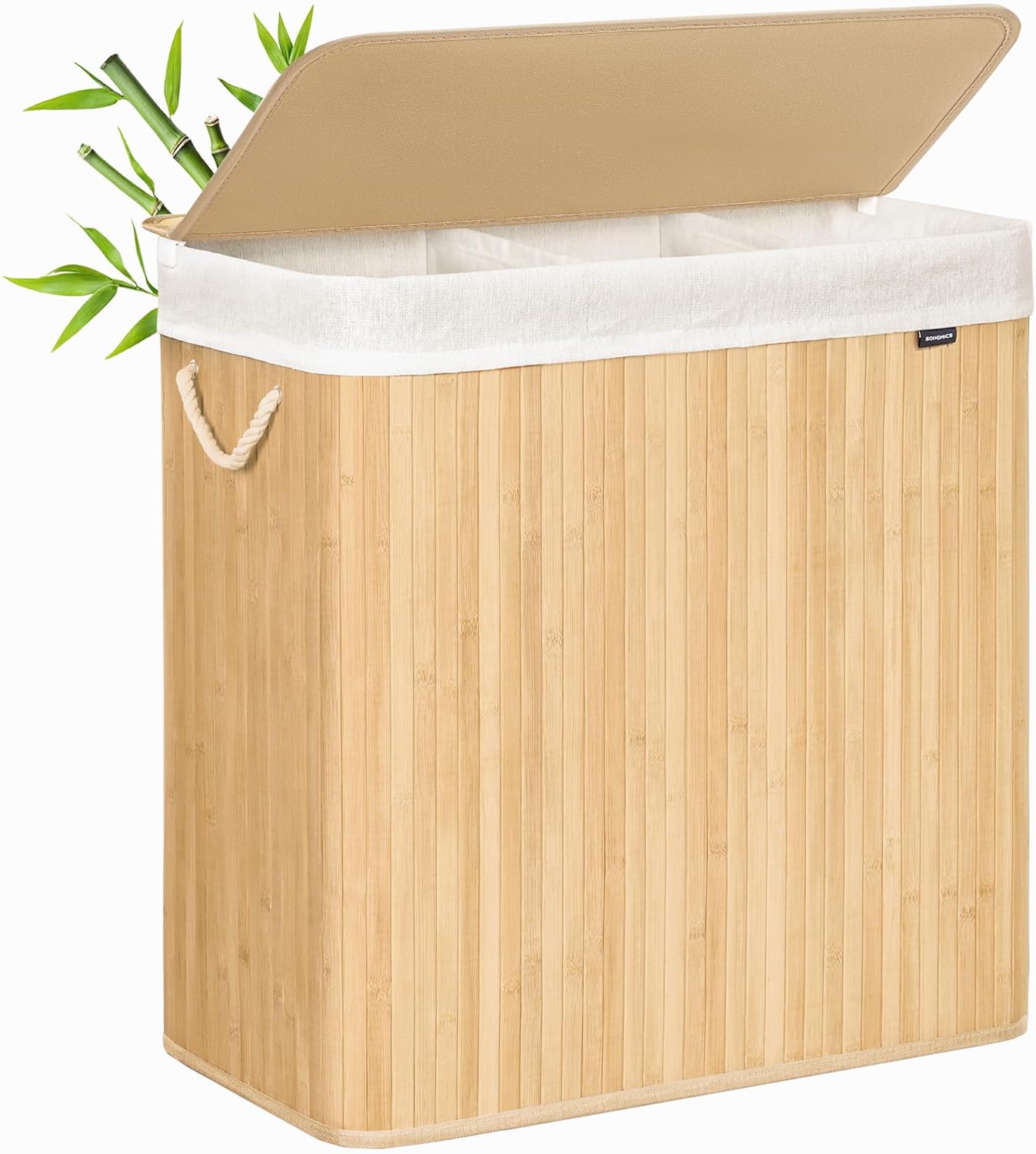 SONGMICS Laundry Hamper, 39.6 Gal. (150 L), 3-Section Laundry Basket, Laundry Hamper with Lid, Bamboo, Foldable, Removable and Machine Washable Liner, for Laundry Room, Bedroom, Natural ULCB091N01