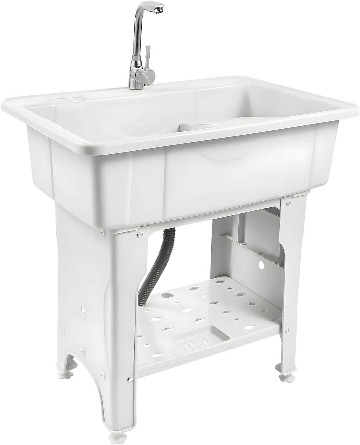 Freestanding Plastic Laundry Sink 32'' x 22'' x 32'' with Washboard, Indoor and Outdoor Utility Sink with Hot and Cold Faucet, for Laundry, Garage, Garden, Workshop (Gray, 31.5 * 22.05 * 31.5in)