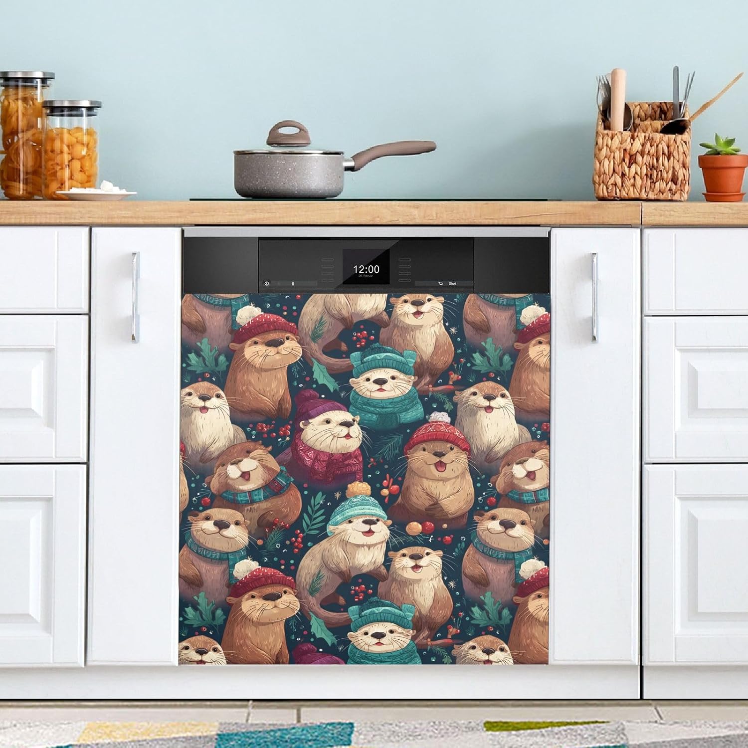 Pfrewn Christmas Winter Magnetic Dishwasher Cover Xmas Christmas Cute Otters (2) Fridge Door Covers Kitchen Decal Vinyl Panel Decorative Refrigerator Laundry Appliances 23x26in