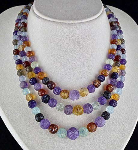 3 Line Natural Multi Color AMETHYST CITRINE AQUAMARINE Etc Carved Beads Necklace 17 INCHES 14 MM TO 6 MM