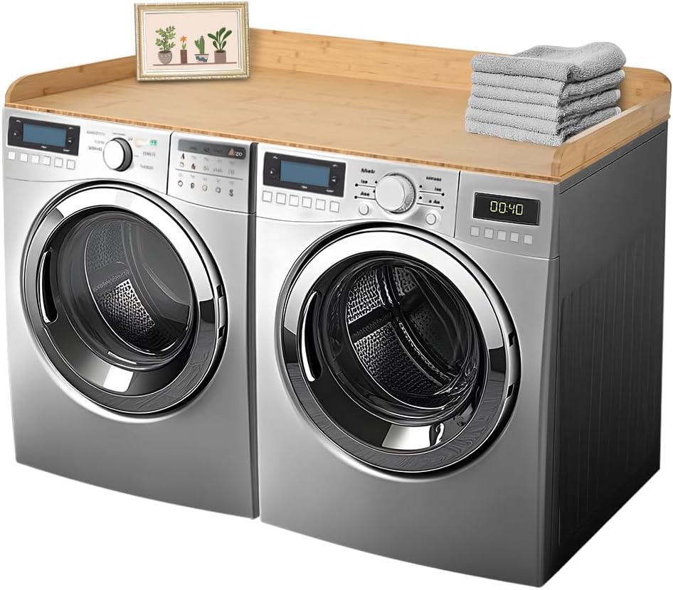 Solid Bamboo Washer Dryer Countertop, Laundry Wood Shelf Topper with Non-Slip Pads, Edge Rails and High Back Rail for Laundry Room Storage & Organization, Washer Dryer Counter Storage, 25