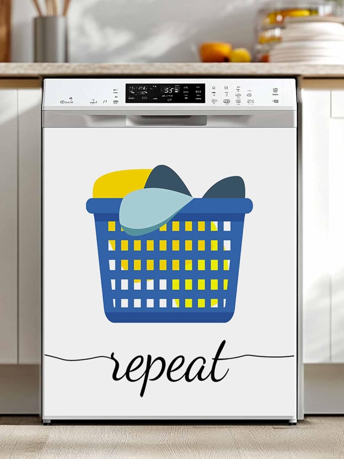 Modern Minimalist Dishwasher Magnet Cover, Blue Laundry Room Basket Refrigerator Magnets Covers for The Front Door, Reusable Dishwasher Panel Fridge Decal Cover for Home Appliance Decor 23''x26''