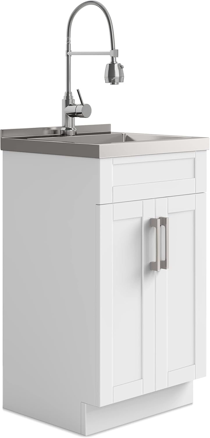 SIMPLIHOME Hennessy All-in-One 20 inch Wide Utility Sink and Laundry Cabinet in Pure White Finish, Transitional Stainless Steel Sink Cabinet for Laundry Rooms with High-Arch Chrome Faucet and Storage