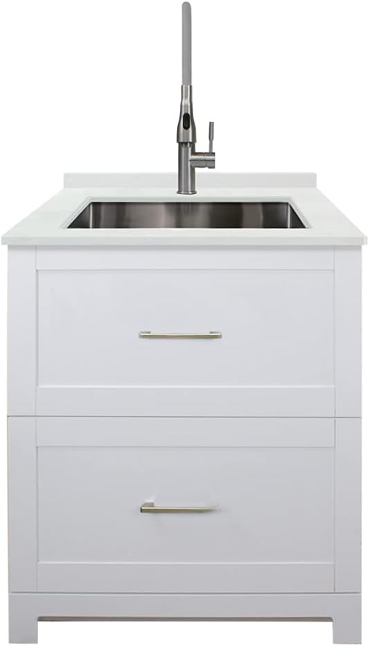 Transolid TCG-3025-WC All-in-One 29 in. x 25.5 in. Quartz Undermount Laundry/Utility Sink and Cabinet with Faucet in Matte White