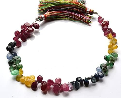 BEADS GEMSTONE 1 Strand Natural 7.5 Inch Long Super Natural Multi Precious faceted Emerald, Ruby, Blue sapphire,Yellow & Pink Sapphire Pear Shape Briolettes 5 to 7 MM Code-HIGH-21748