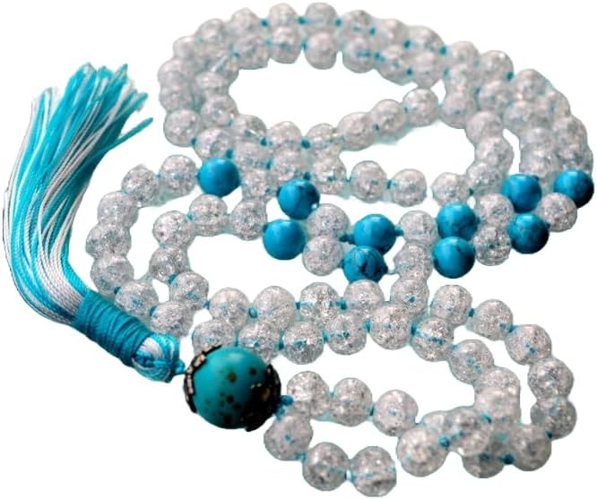 Natural Crystal Quartz, Turquoise 8mm 108 Mala Beads, Spiritual, Meditation Beads, Reiki, Japa Mala, Buddhist Prayer Beads, Yoga Bracelet, healing beads LKMALA-RRGU-1827