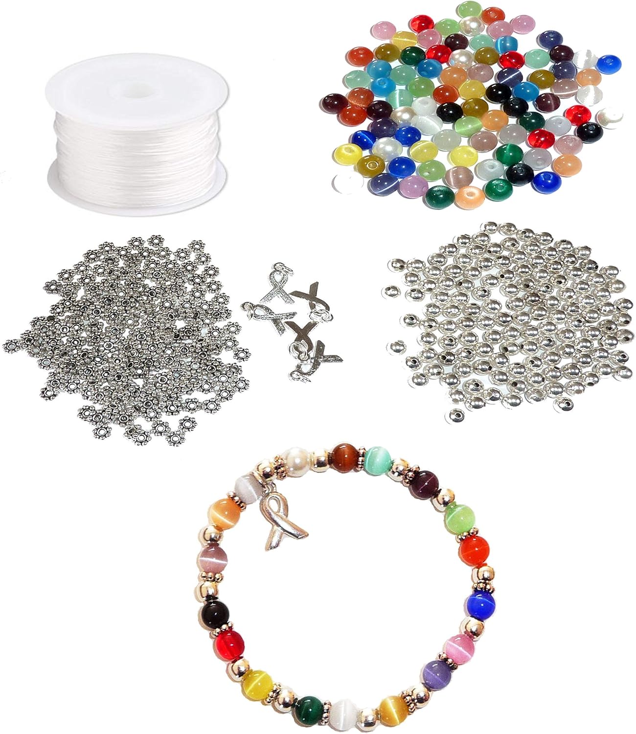 Hidden Hollow Beads Cancer Awareness Bracelet DIY Kit, Makes 50 or 65, 8mm or 6mm Stretch Cord Bracelets, Fundraisers, Relay For Life, Pink Out Day (6mm Multi Beads - Makes 65 Bracelets)