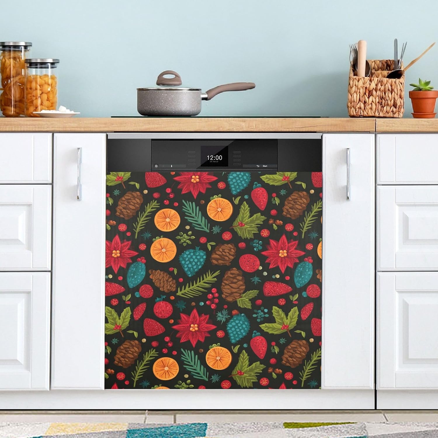 Pfrewn Christmas Winter Magnetic Dishwasher Cover Xmas Christmas Lemon Poinsettia Fridge Door Covers Kitchen Decal Vinyl Panel Decorative Refrigerator Laundry Appliances 23x26in