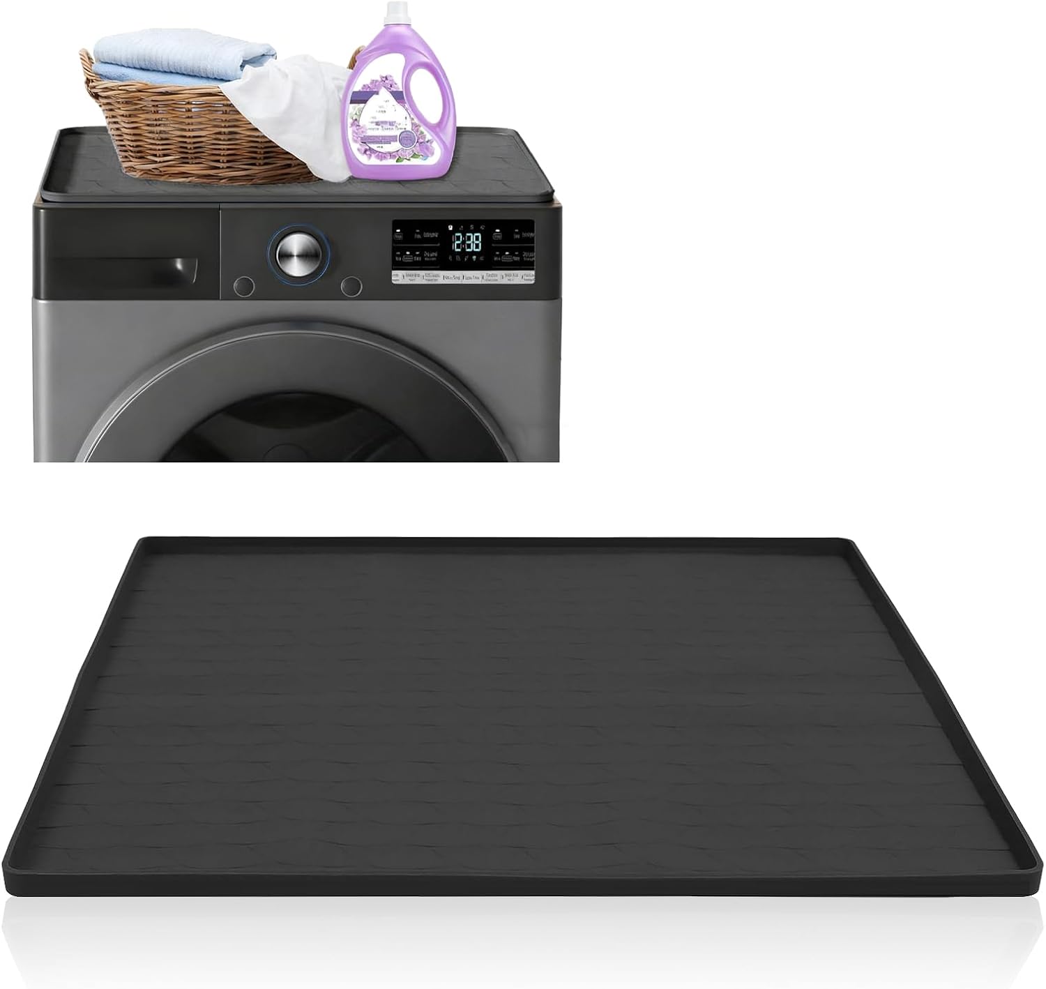 1PCS Silicone Washer Dryer Top Cover Protector Mat with 1.7cm Raised Edges,23.62x23.62in Non Slip Spill Proof for Laundry Room Appliances,Black