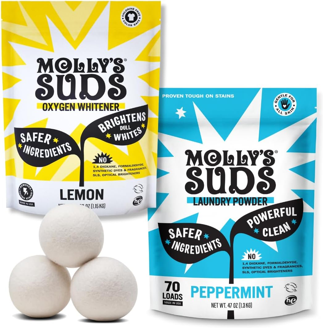 Molly's Suds Starter Pack | Includes 70 Load Natural Laundry Powder, 1 Package of Wool Dryer Balls & 1 Oxygen Whitener