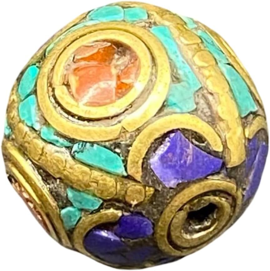 Old Antique Nepali Tibetan Handmade Brass Bead 20mm 10g | Turquoise,Lapis Lazuli & Coral Inlay Round Bead | Ethnic Boho Jewelry Supply | for Pendant Bracelet Necklace Making (50)