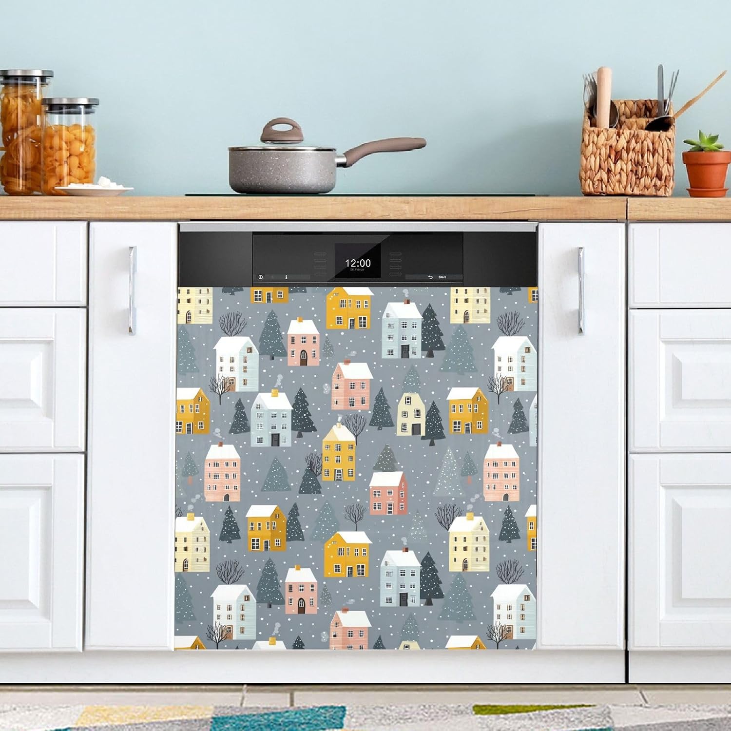 Pfrewn Christmas Winter Magnetic Dishwasher Cover Winter Cute Houses Snowy Fir Tree (6) Fridge Door Covers Kitchen Decal Vinyl Panel Decorative Refrigerator Laundry Appliances 23x26in