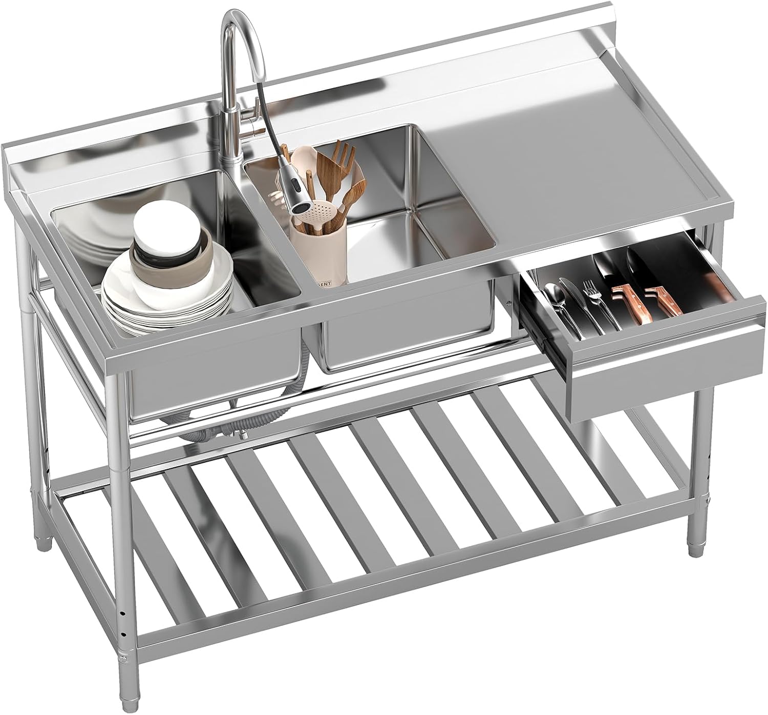 Stainless Steel Utility Sink, 47'' Double Bowl Kitchen Sink with Right Drawer, Cold and Hot Water Pipe, Free Standing Indoor and Outdoor Sink for Laundry Room Farmhouse Kitchen(47inch)