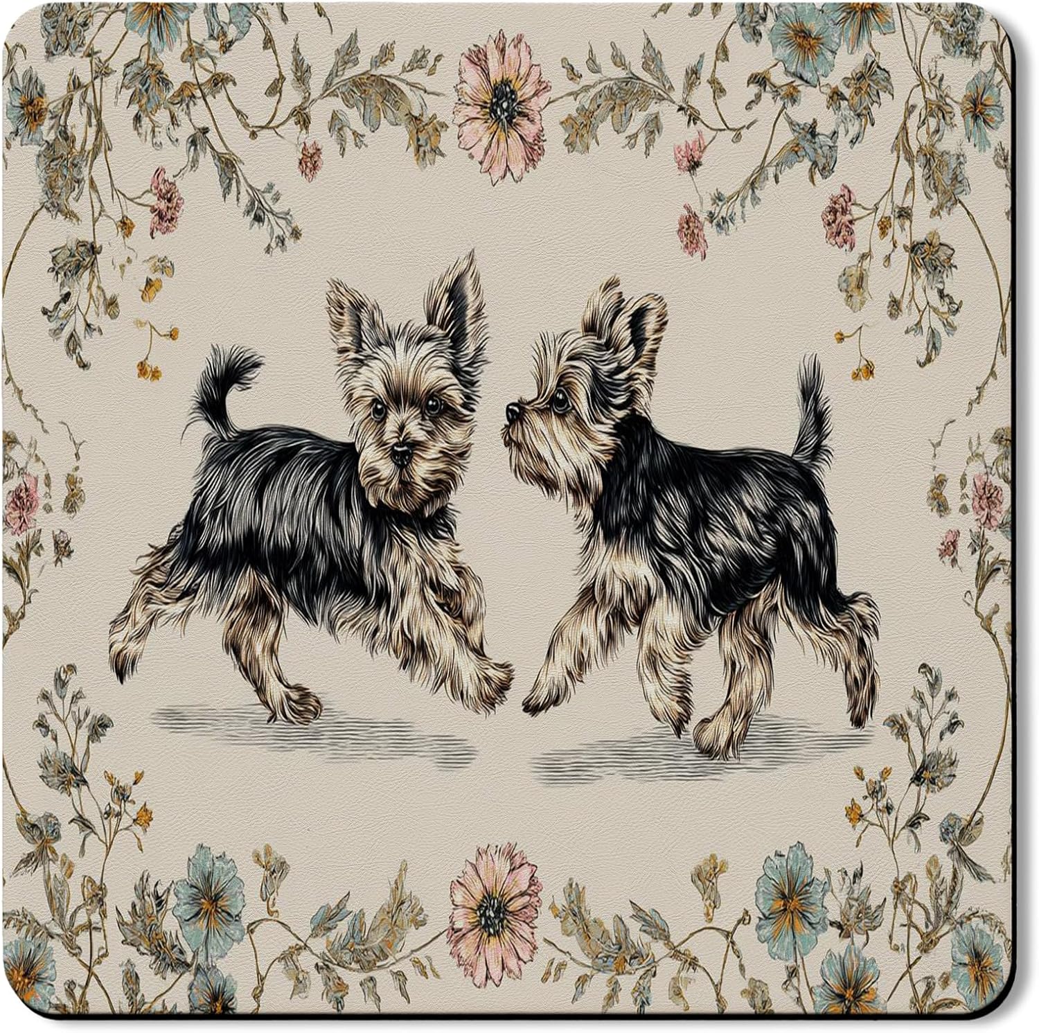 Yorkshire Terrier Washer Dryer Top Protector Mat, Vintage Floral Design Laundry Machine Dust Covers, Decorative Rubber Anti-slip Waterproof Washer And Dryer Mats for Home 24x24 Inch